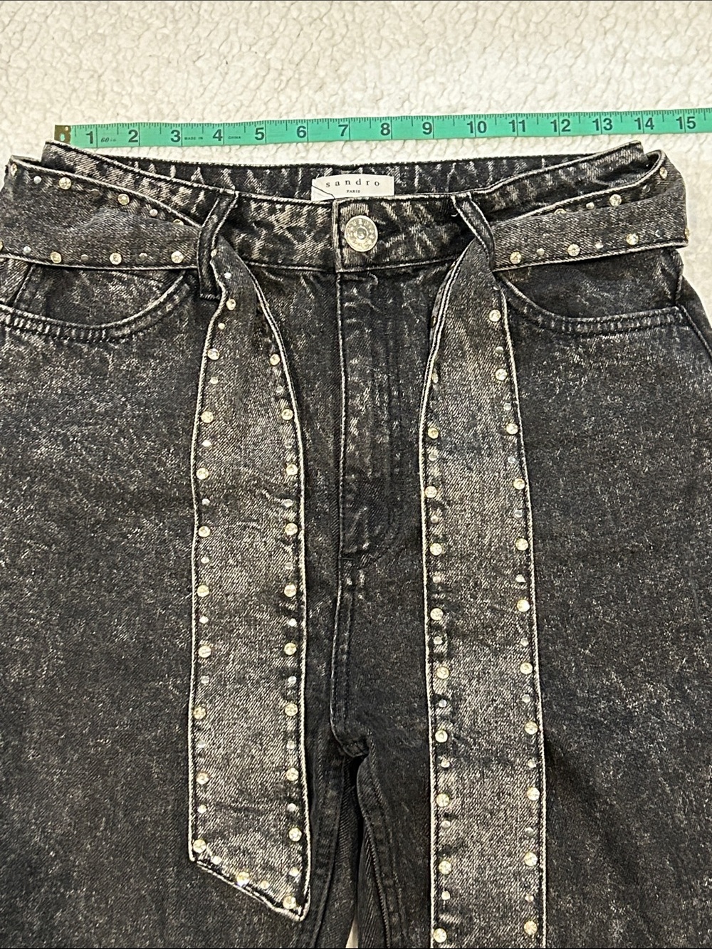 Sandro Fredd Black Acid Wash Jeans size 6 Studded Crystal Belt Straight Leg - Picture 11 of 14
